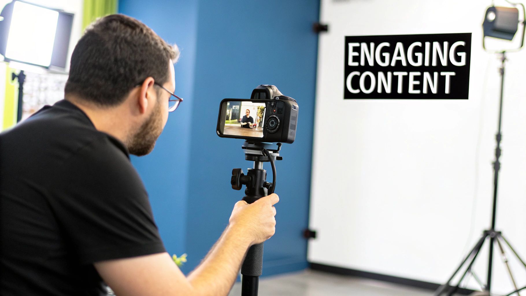 A person looking at a smartphone with social media engagement icons floating around.