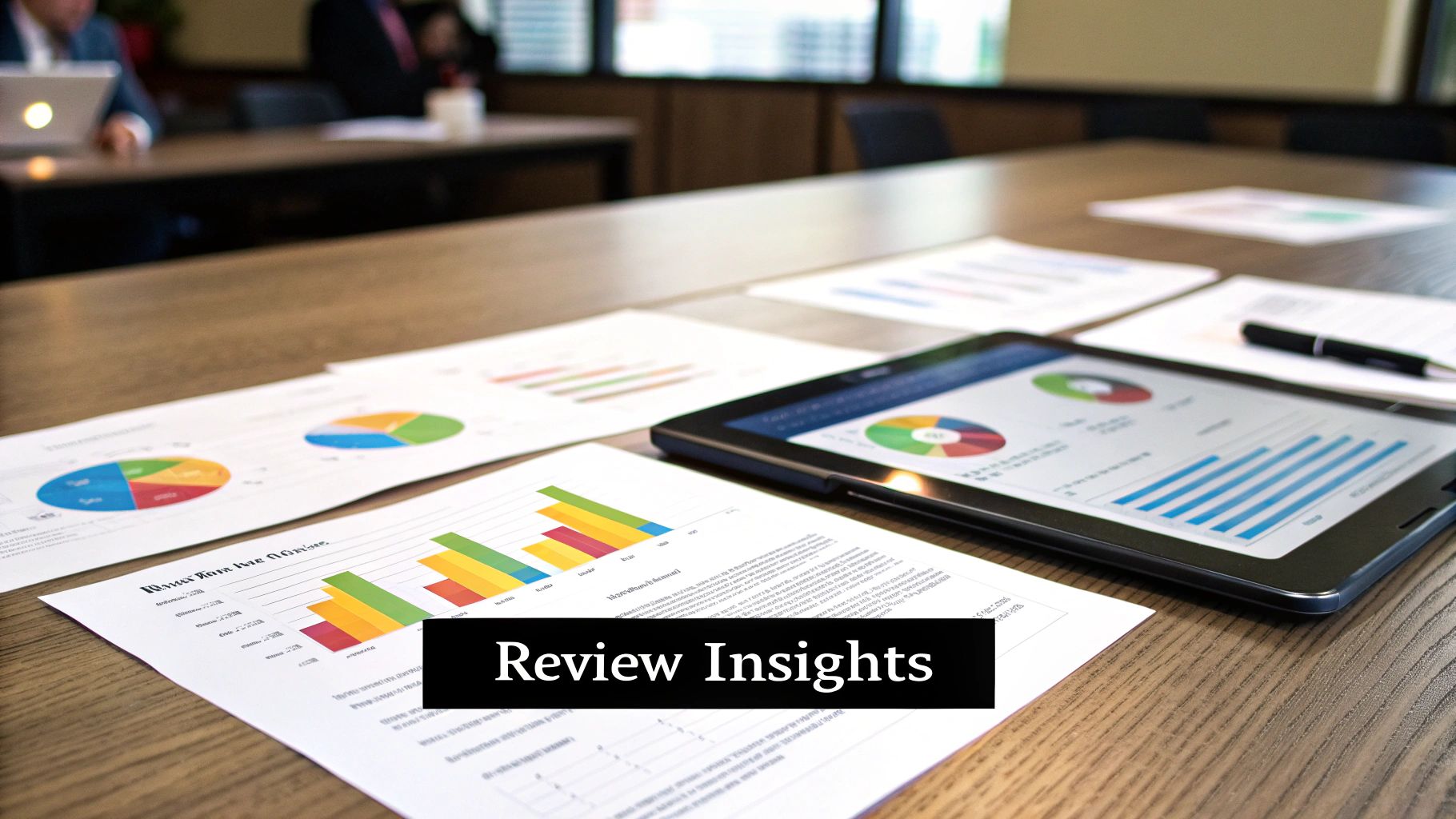 A desk with a laptop displaying charts and graphs, a notebook with calculations, and a coffee mug, representing the analysis of social media ROI.