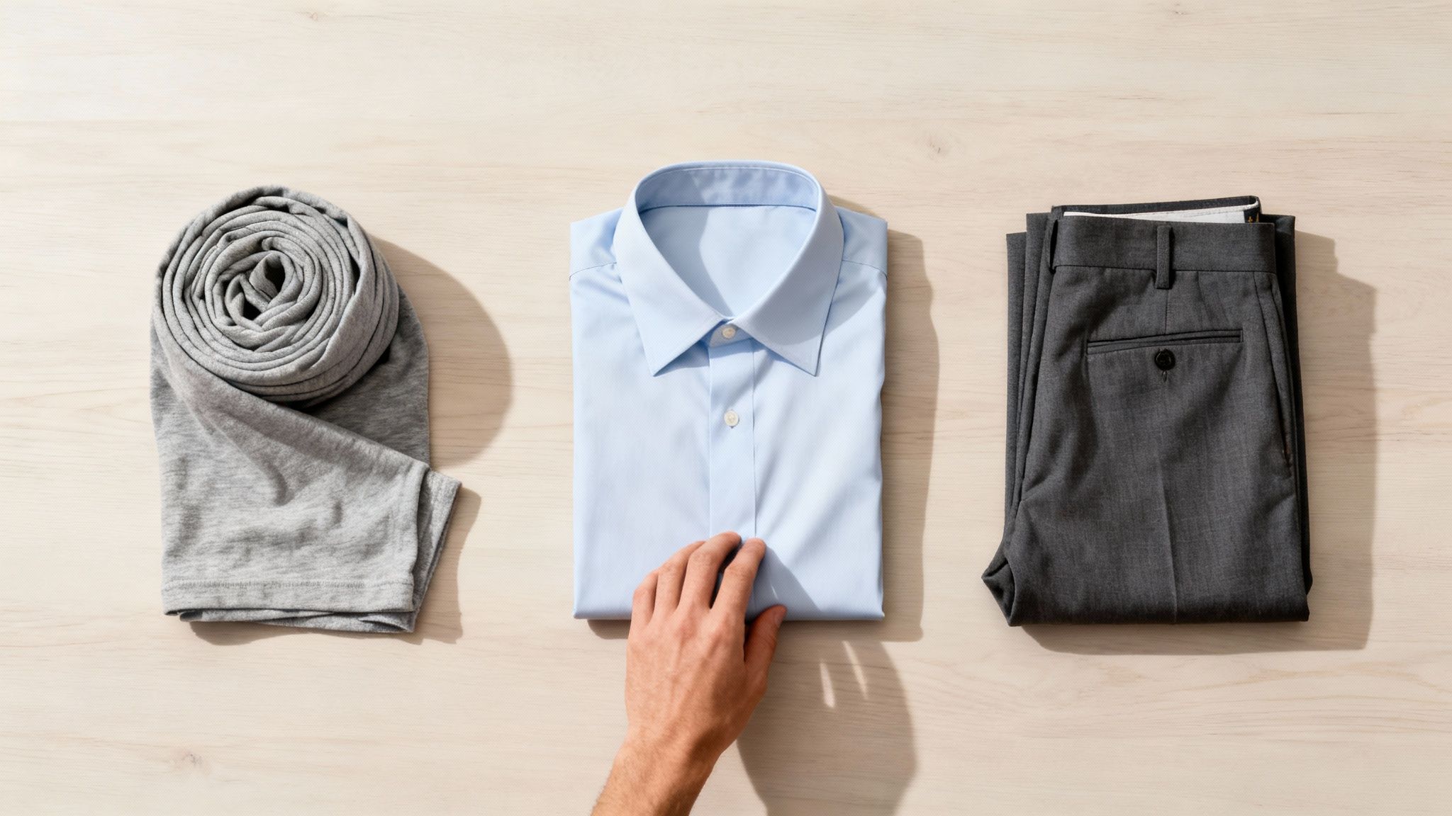 A man's hand adjusting a neatly folded light blue shirt, with rolled grey clothing and folded dark grey trousers.