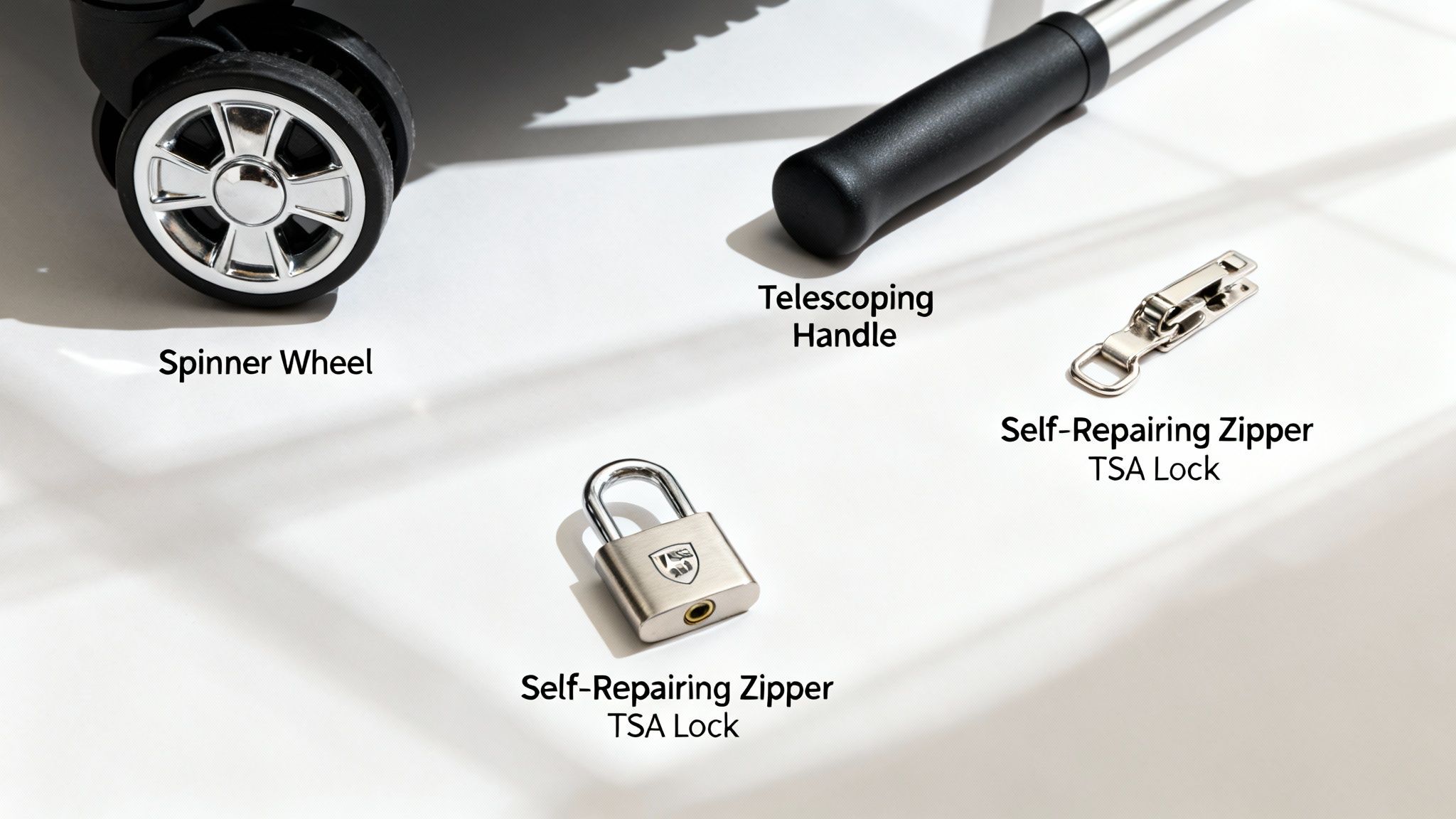 Close-up of luggage features including a spinner wheel, telescoping handle, and TSA locks.