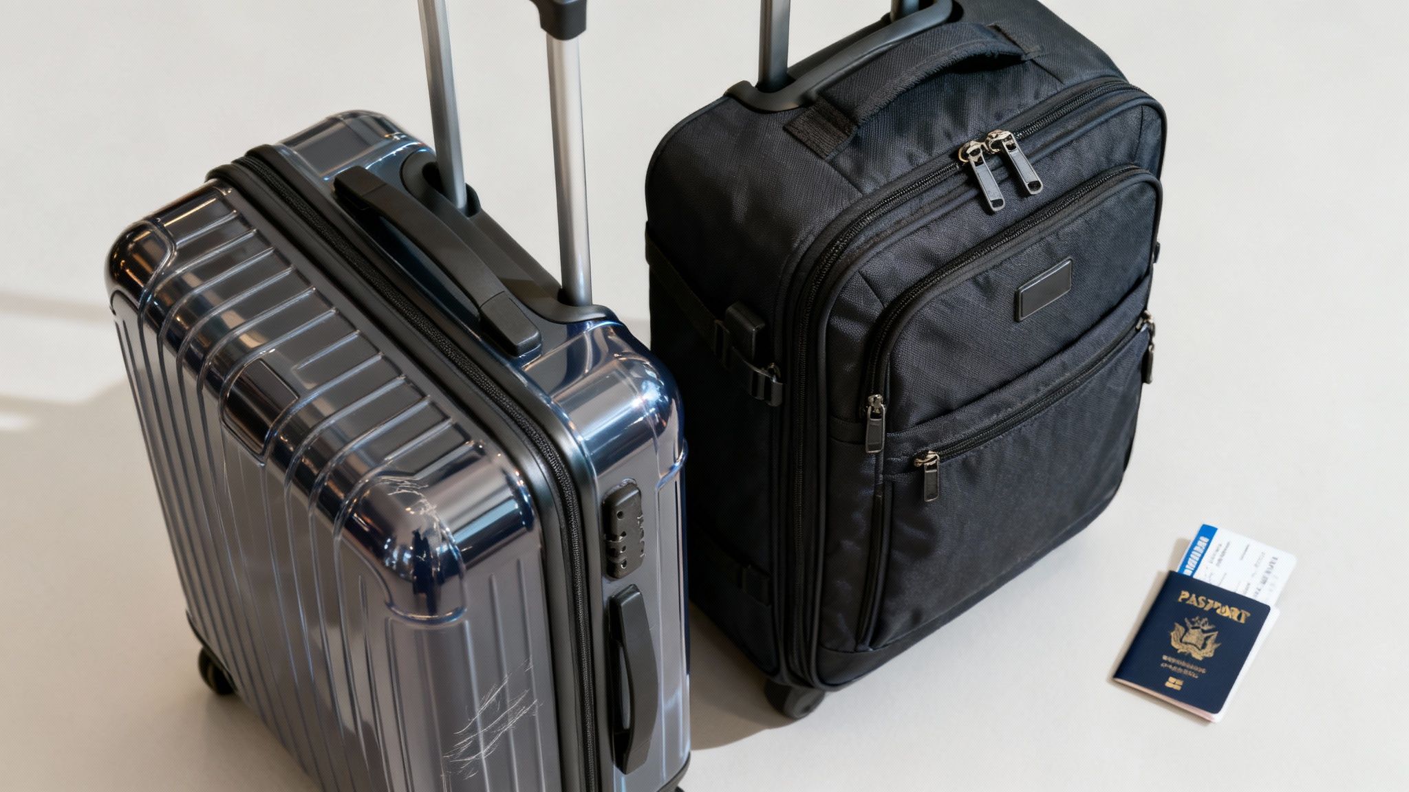 Two suitcases, one blue hard-shell and one black soft-shell, with a passport and boarding passes.