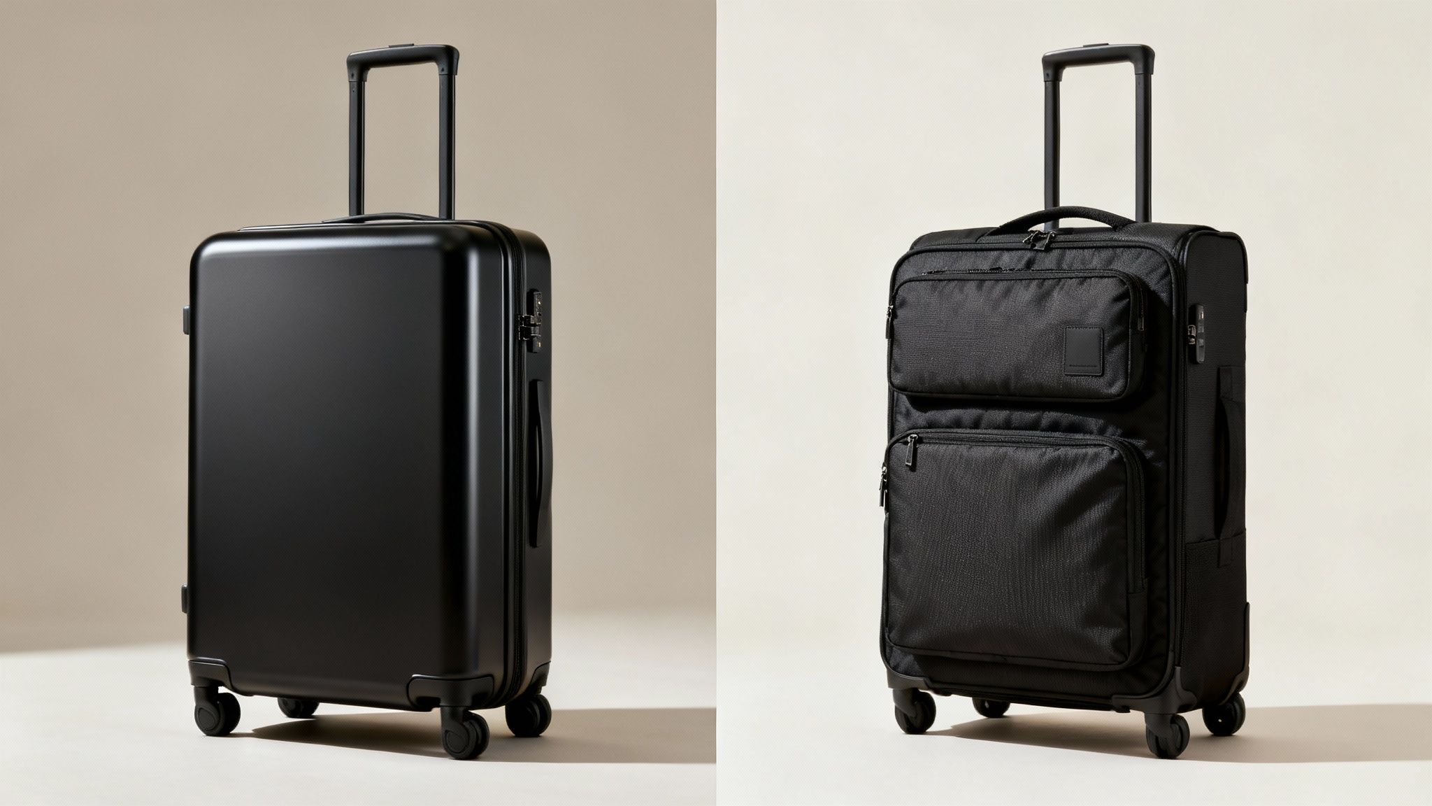 Side-by-side view of two black carry-on suitcases, one hard-shell, one soft-shell, with handles extended.