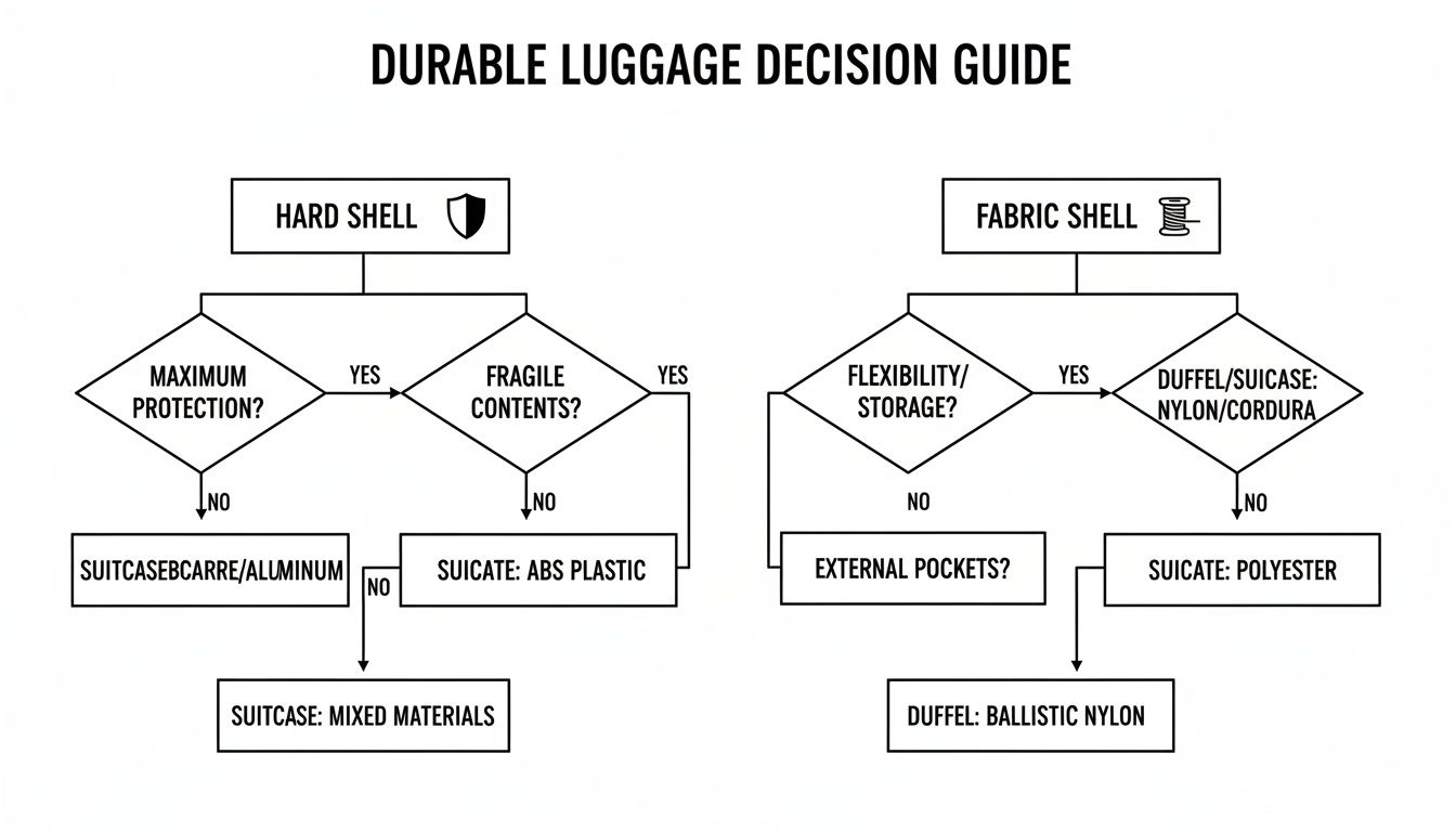 A flowchart decision guide for durable luggage, comparing hard and fabric shells with material recommendations.