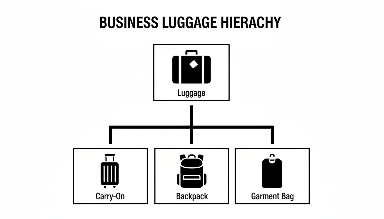 A hierarchy diagram illustrating different types of business luggage: Luggage, Carry-On, Backpack, and Garment Bag with icons.