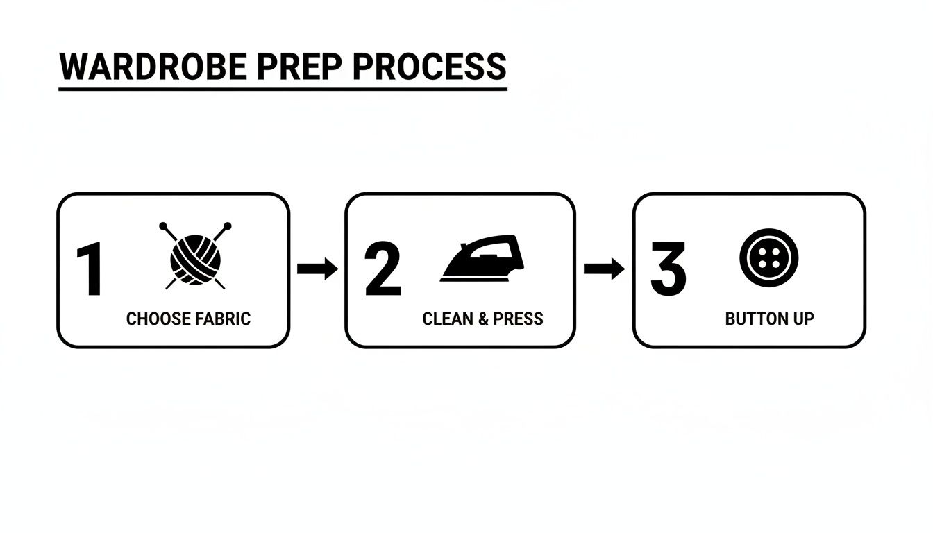 A three-step infographic outlining the wardrobe preparation process: choose fabric, clean, and press, then button up.