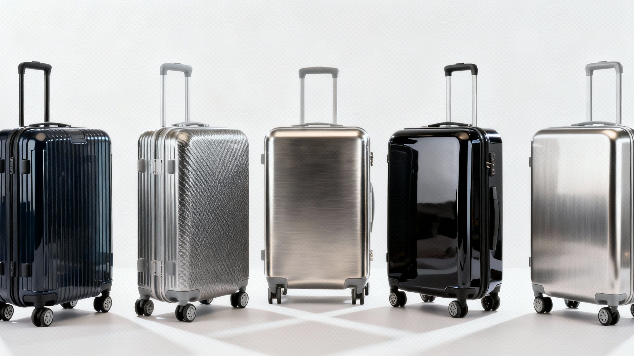 Five diverse hardside luggage suitcases, including blue, silver, and black options, lined up.