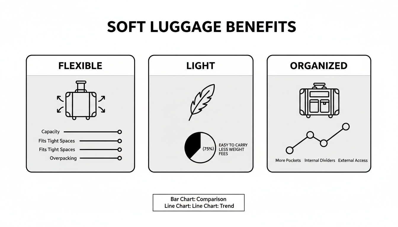 Soft luggage benefits infographic showing flexibility, light weight with less fees, and organized internal compartments.