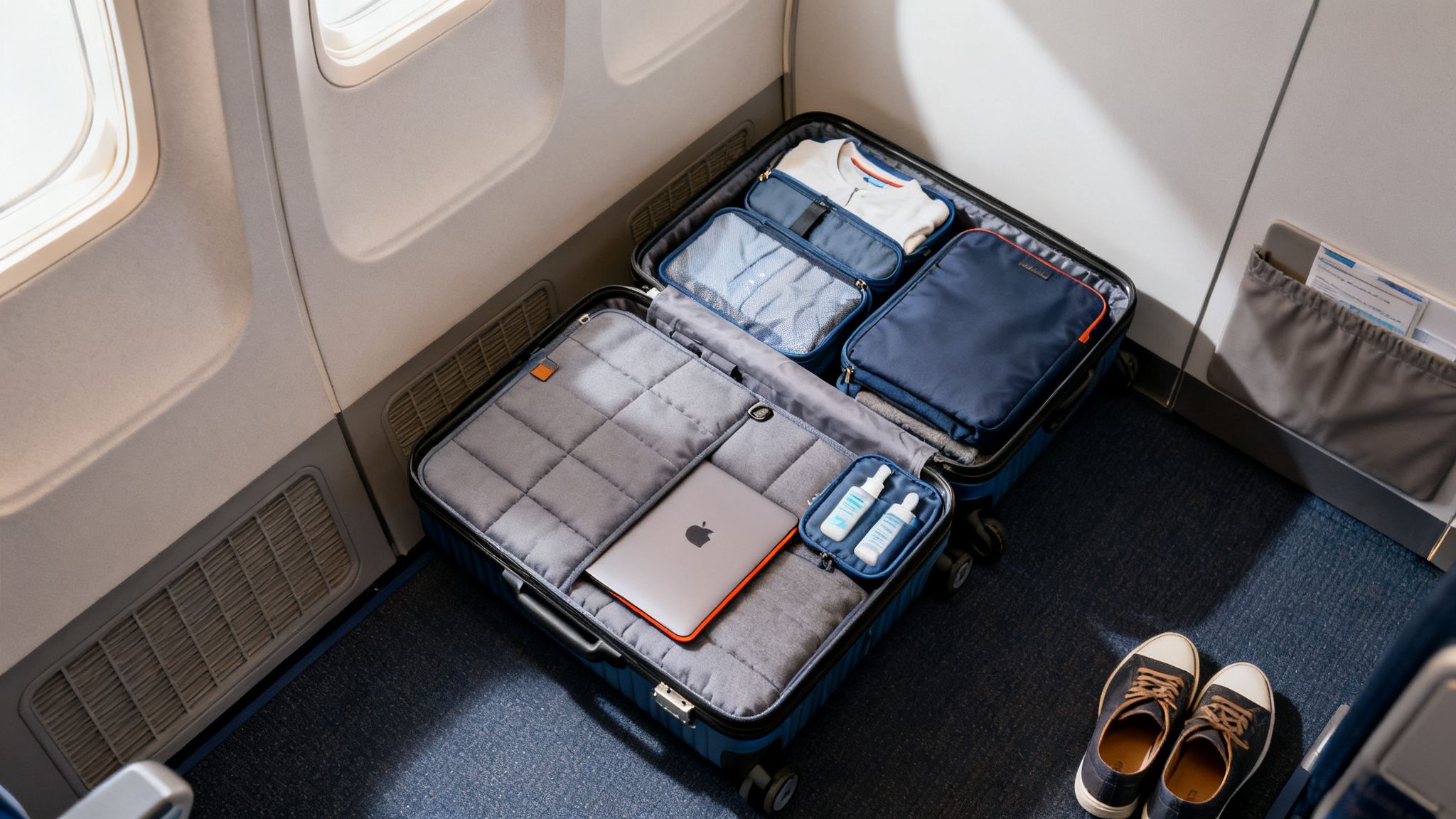An open rolling suitcase on an airplane floor, packed with an Apple laptop and travel essentials.