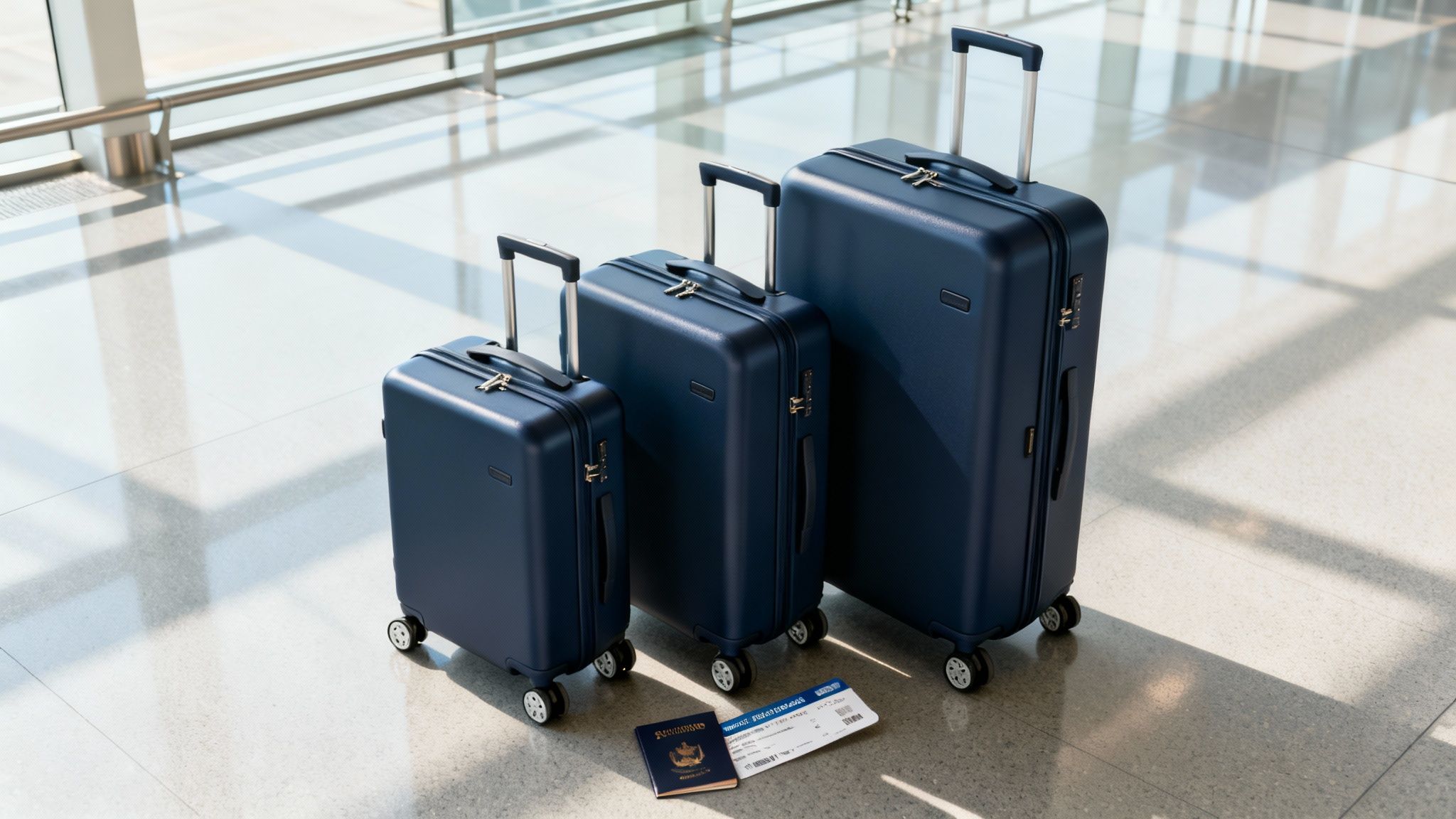Three dark blue suitcases of different sizes with a passport and boarding pass on an airport floor.