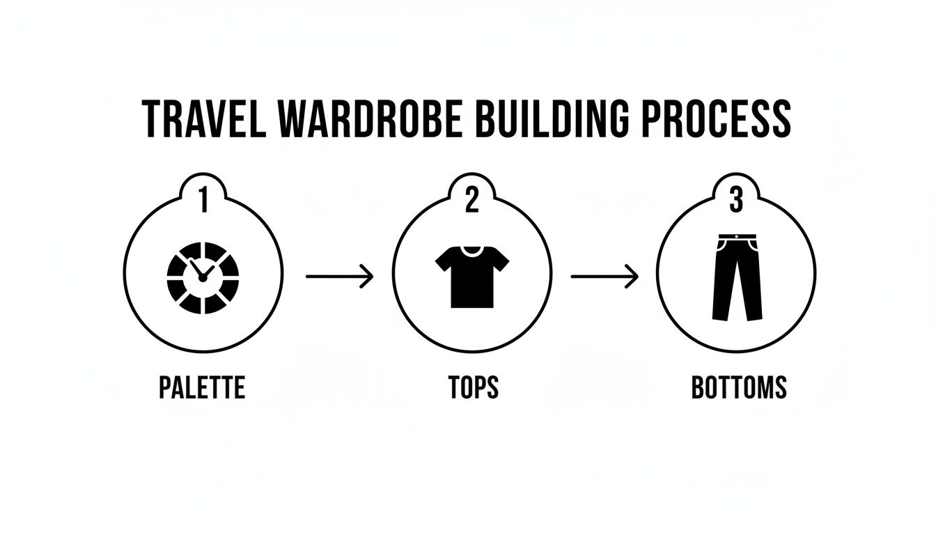 Infographic showing three steps to build a travel wardrobe: palette, tops, and bottoms.