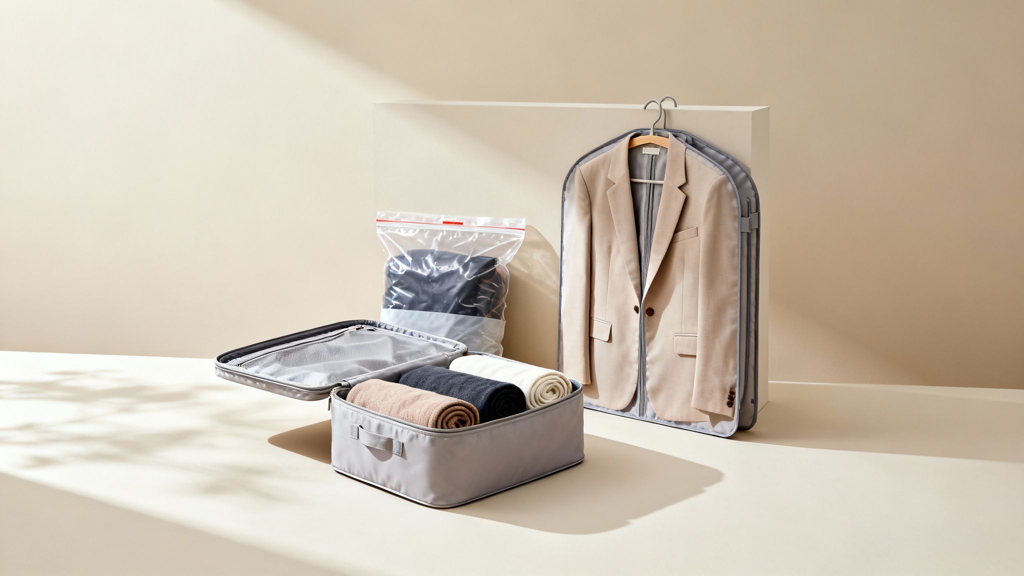 Clothes neatly packed for travel: a beige blazer in a garment bag, rolled garments, and zipped bags.