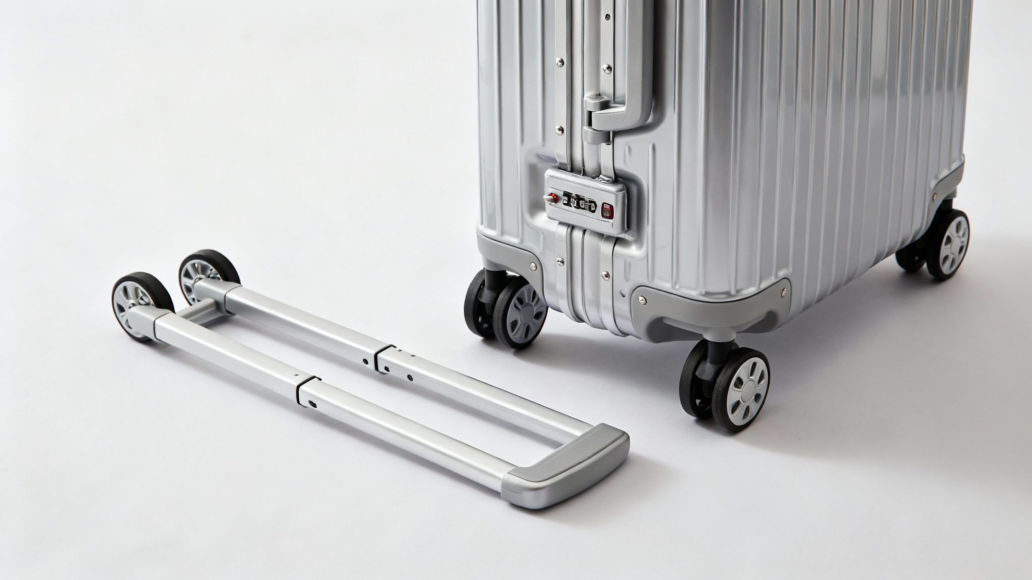 Silver aluminum hard shell luggage with wheels and a detached telescopic handle on white.