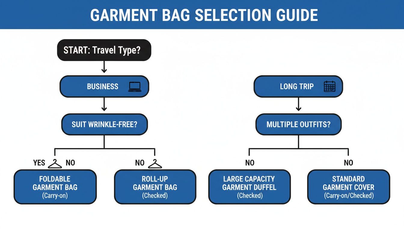 Decision guide flowchart helps choose the best garment bag for business or long trips.