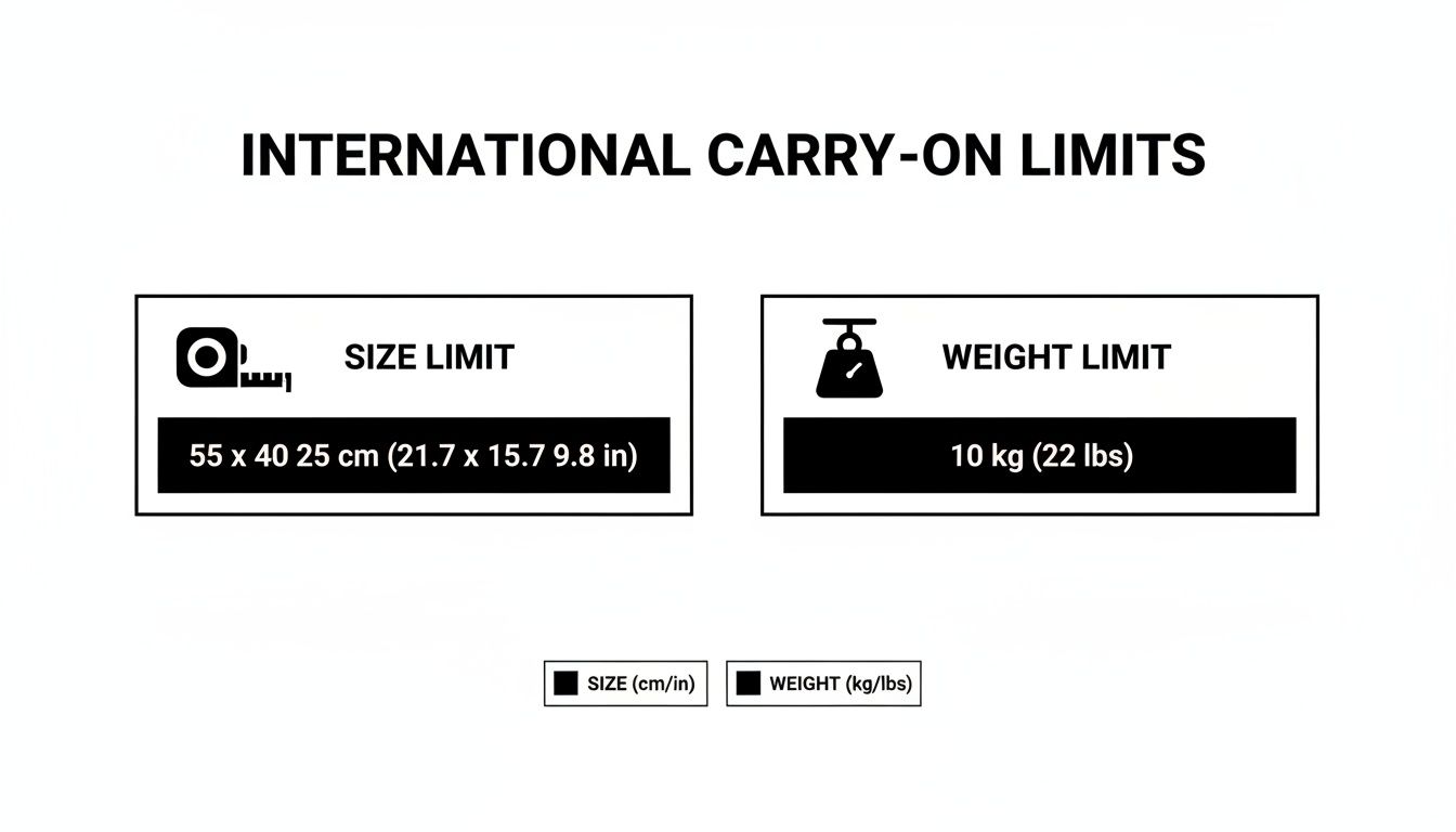 An infographic displaying international carry-on baggage size and weight limits: 55x40x25cm (21.7x15.7x9.8in) and 10kg (22lbs).