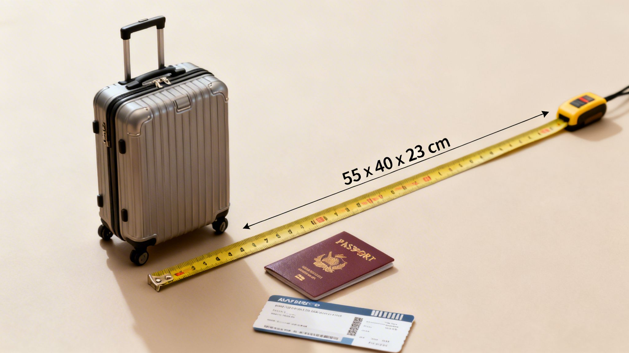 A silver carry-on suitcase, measuring tape showing dimensions, passport, and boarding pass for travel.