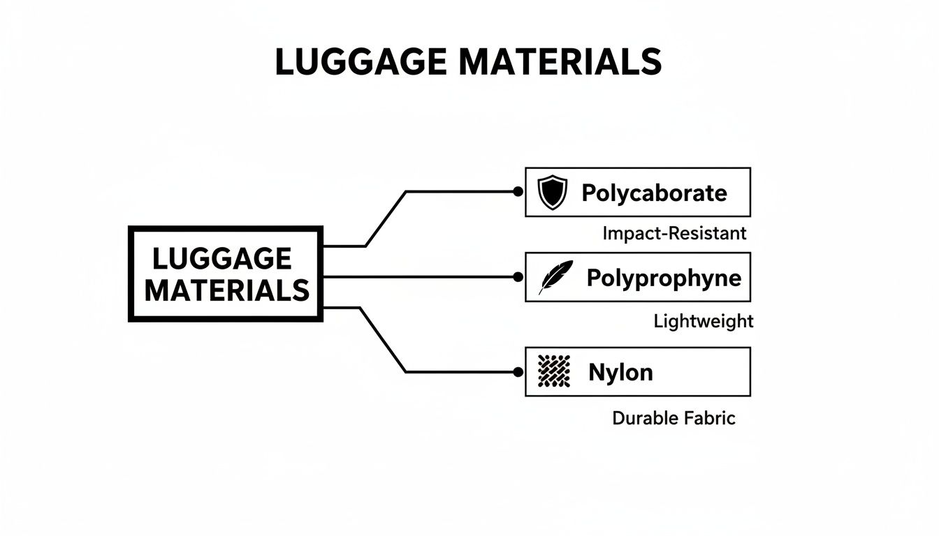 Diagram illustrating luggage materials: Polycaborate (impact-resistant), Polyprophyne (lightweight), and Nylon (durable fabric).