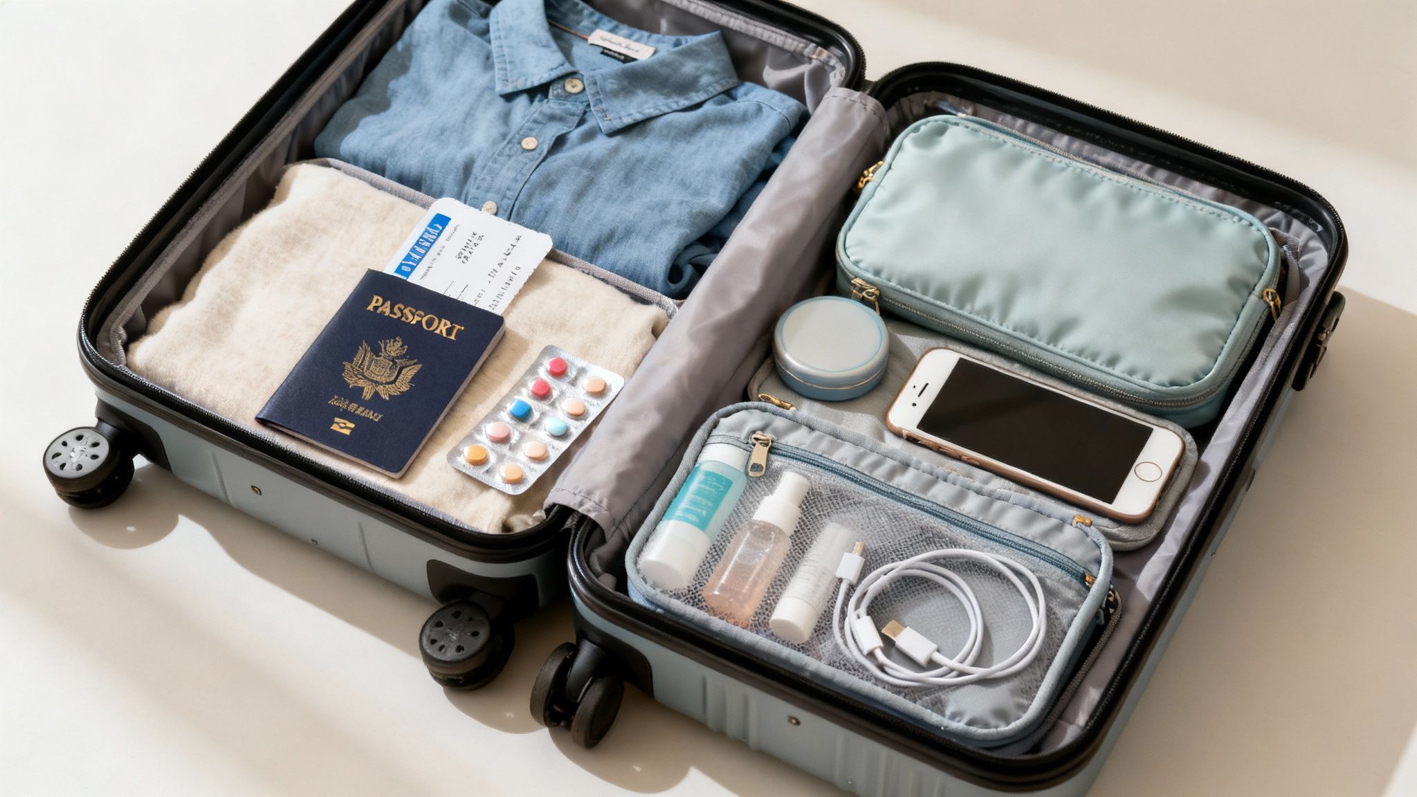 An open suitcase packed with clothes, passport, boarding pass, toiletries, phone, and medicine, ready for a trip.