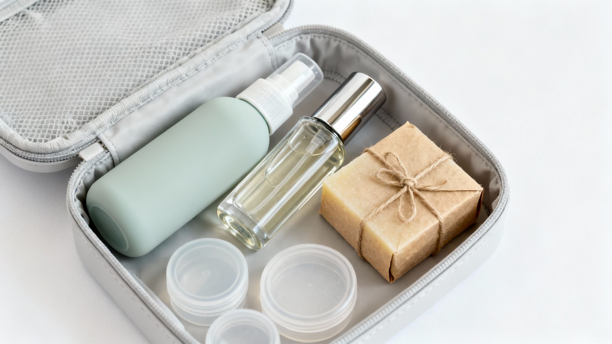A grey travel case filled with travel-sized toiletries: a green spray bottle, a clear perfume bottle, wrapped soap, and small containers.