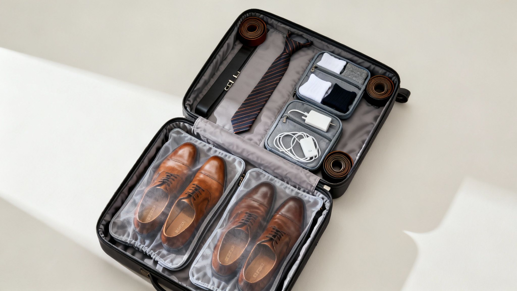 An open black suitcase neatly packed with brown dress shoes, a striped tie, belt, and tech accessories.