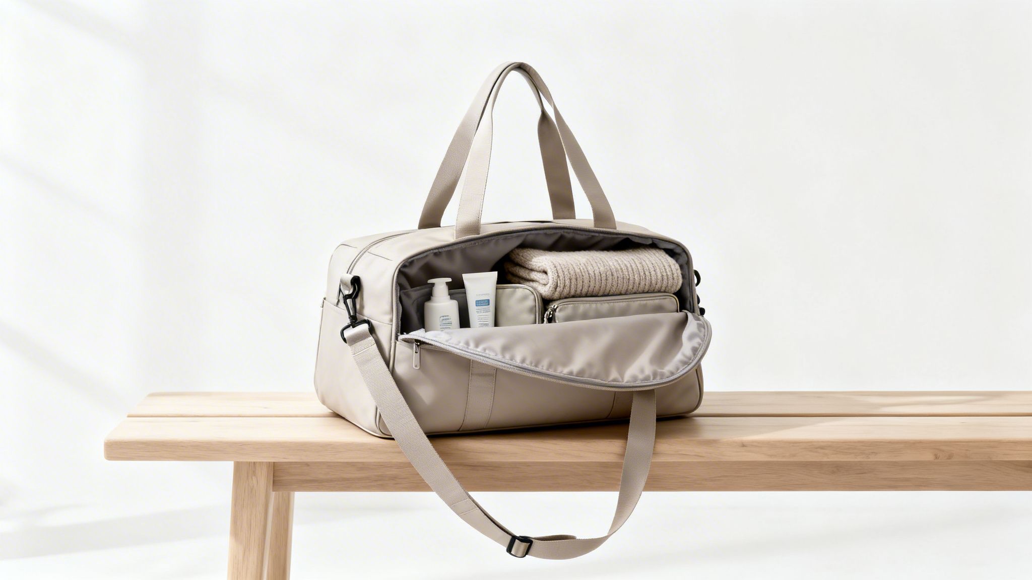 An open beige weekender bag on a wooden bench, showing a folded sweater, toiletries, and pouches inside.