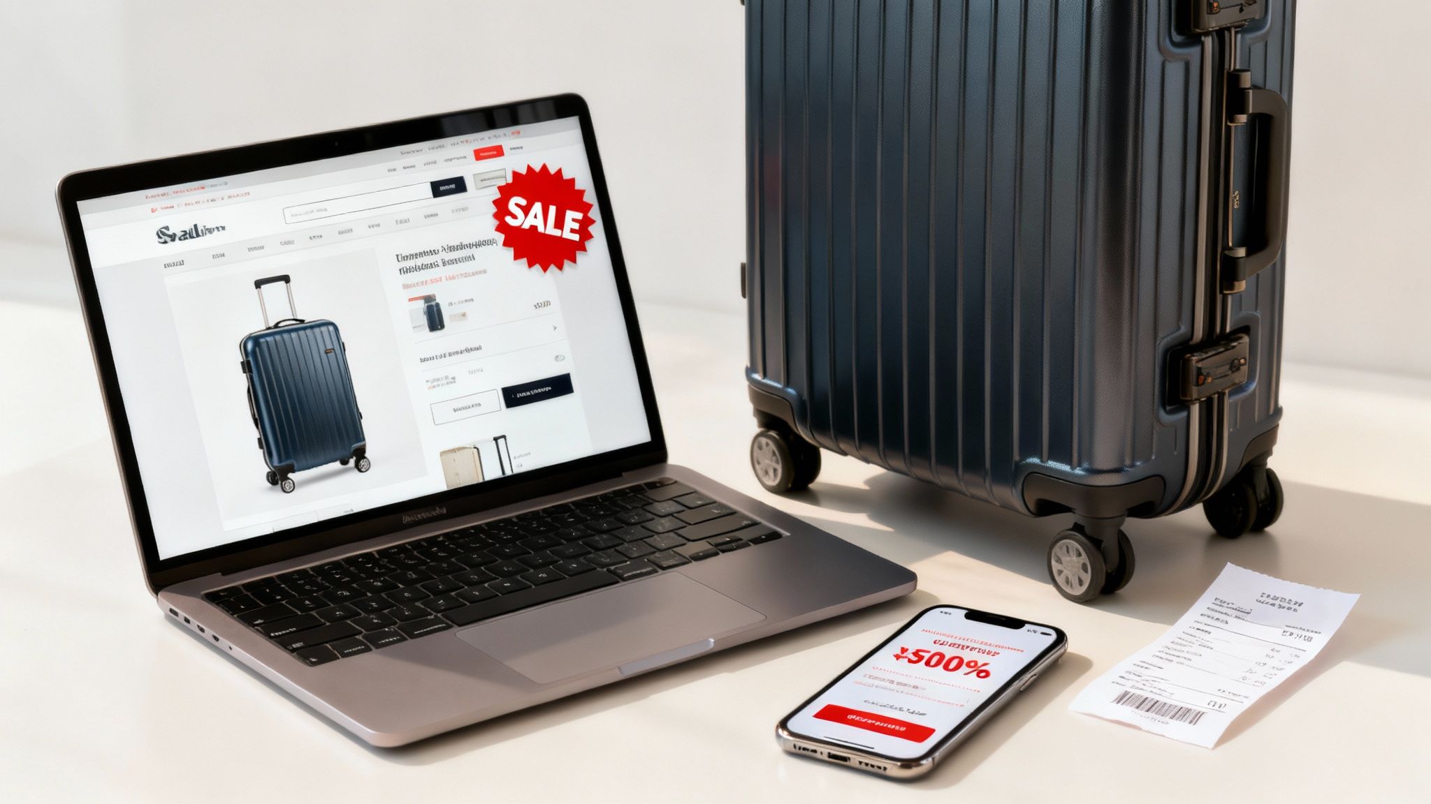 Online shopping scene with a laptop displaying a blue suitcase on sale, alongside a real suitcase, phone, and receipt.