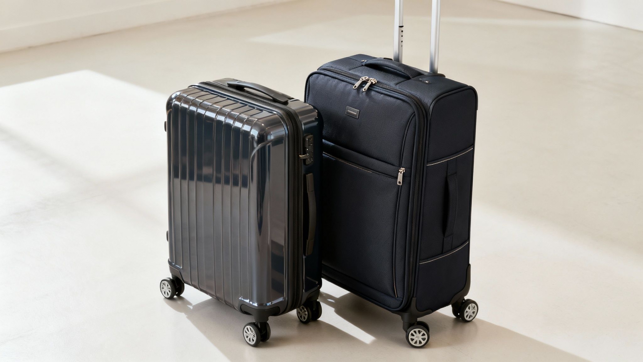 Two sleek suitcases, a dark grey hardshell and a navy softshell, ready for travel on a light floor.