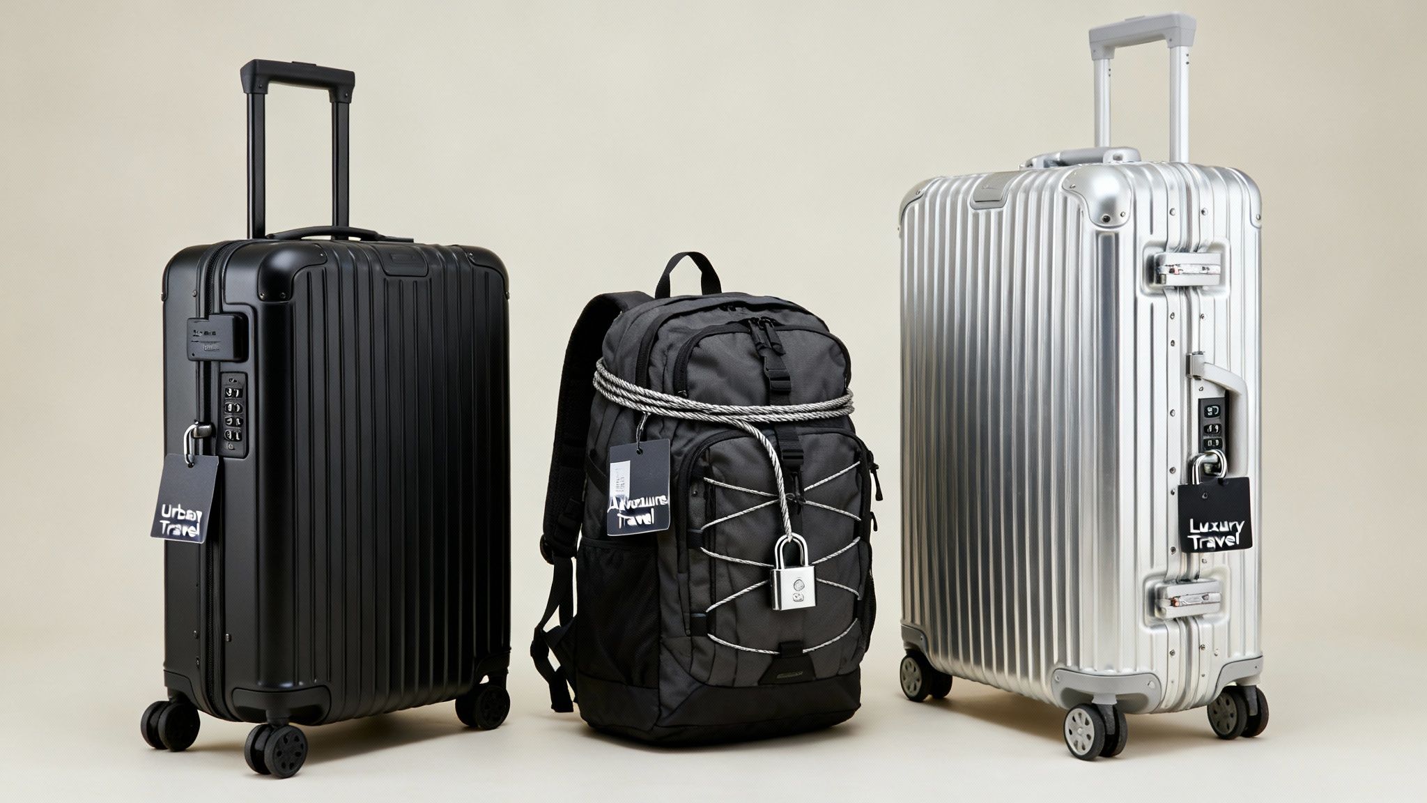Three distinct types of travel luggage: a black suitcase, a backpack, and a silver luxury suitcase, each with a travel style tag.