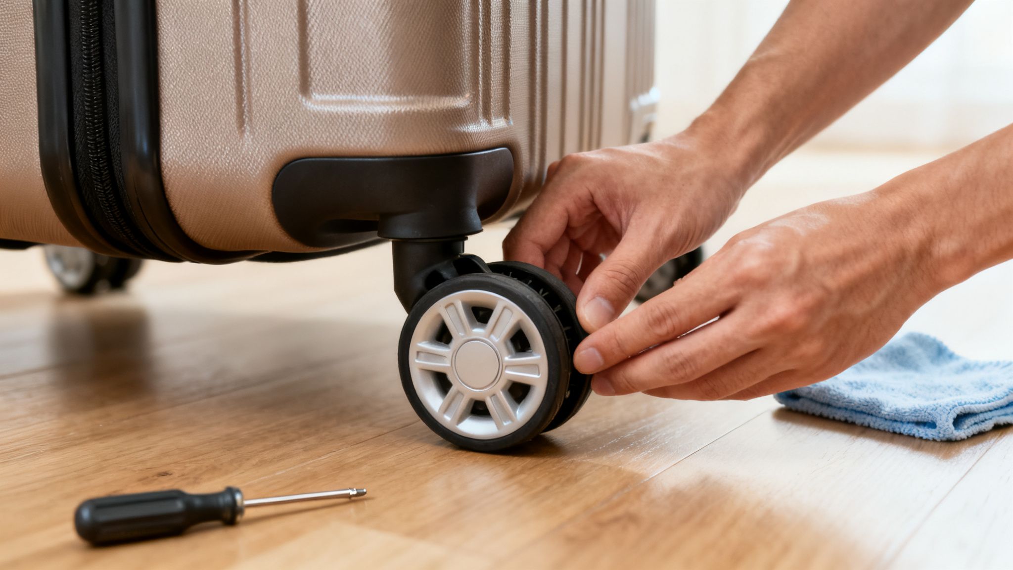 Close-up of a person's hands repairing a broken wheel on a beige suitcase on a wooden floor.
