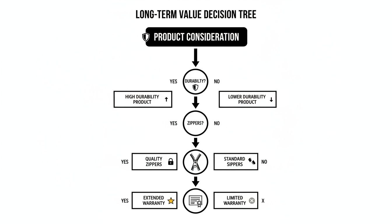 A long-term value decision tree illustrating product consideration based on durability, zippers, and warranty.