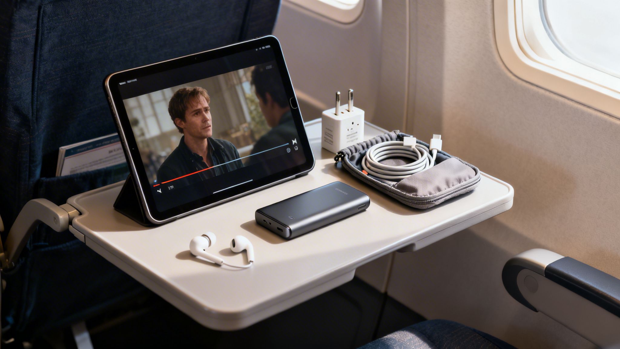 A tablet playing a movie on a plane's tray table, with travel essentials like a power bank and adapter.