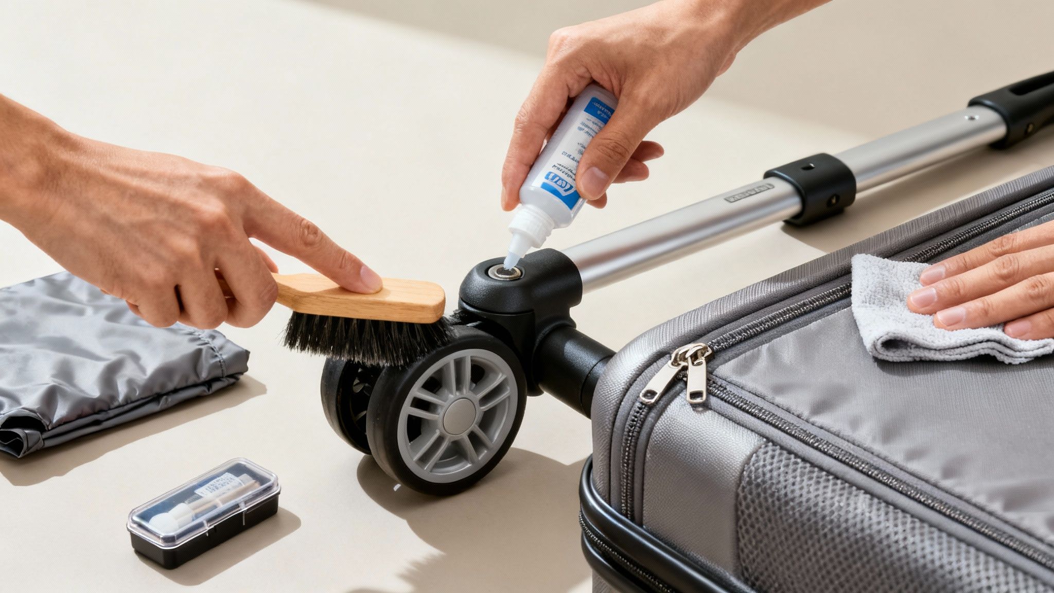 Hands cleaning and maintaining a grey suitcase, lubricating wheels and wiping surfaces.
