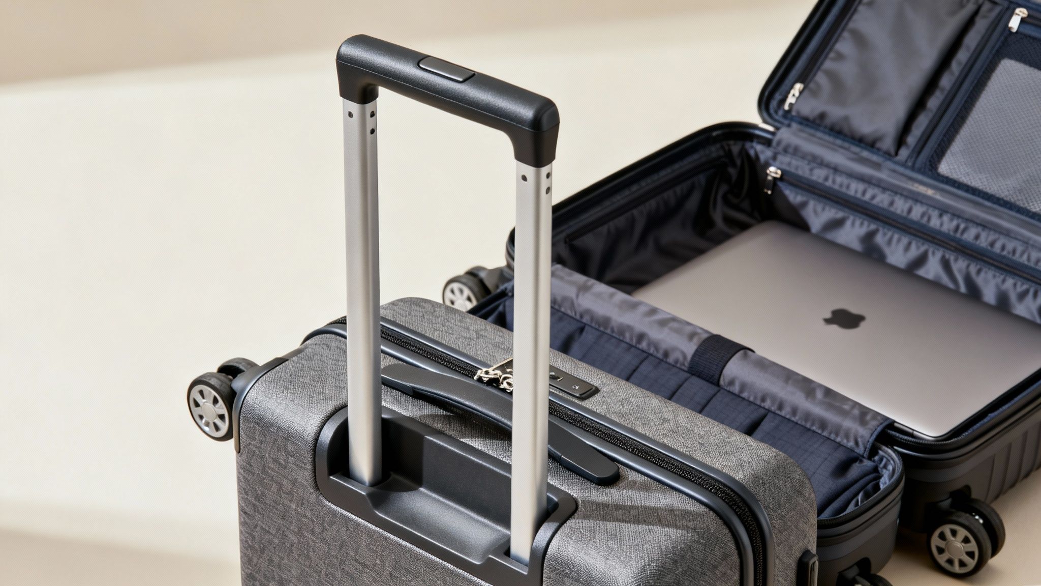 Two stylish carry-on suitcases, one open revealing a laptop, on a light background.
