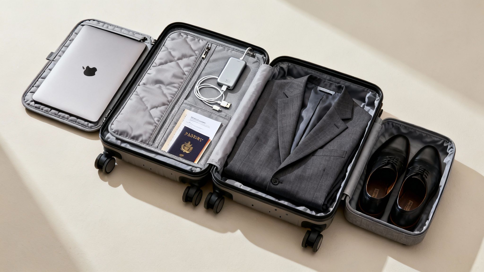 An open carry-on suitcase packed with a laptop, suit, shoes, passport, and charging accessories for business travel.