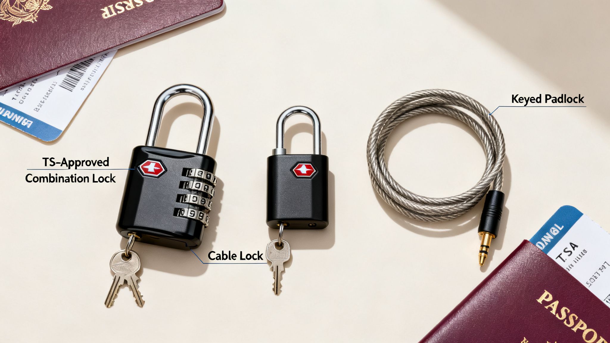 Three travel locks including a TSA combination lock, a keyed padlock, and a security cable.