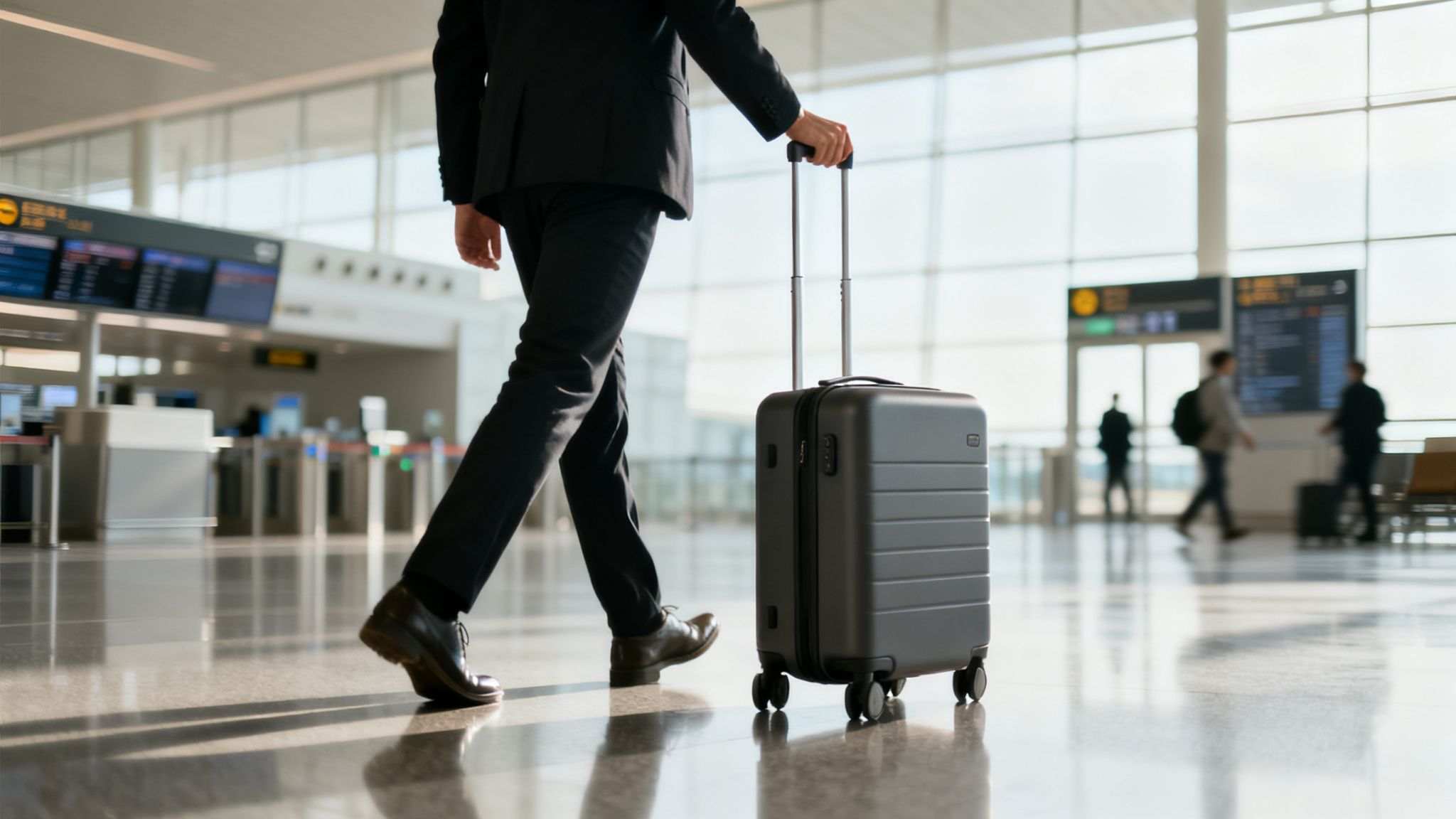 A businessman in a suit walks through a bright airport terminal, pulling a dark gray rolling carry-on suitcase.