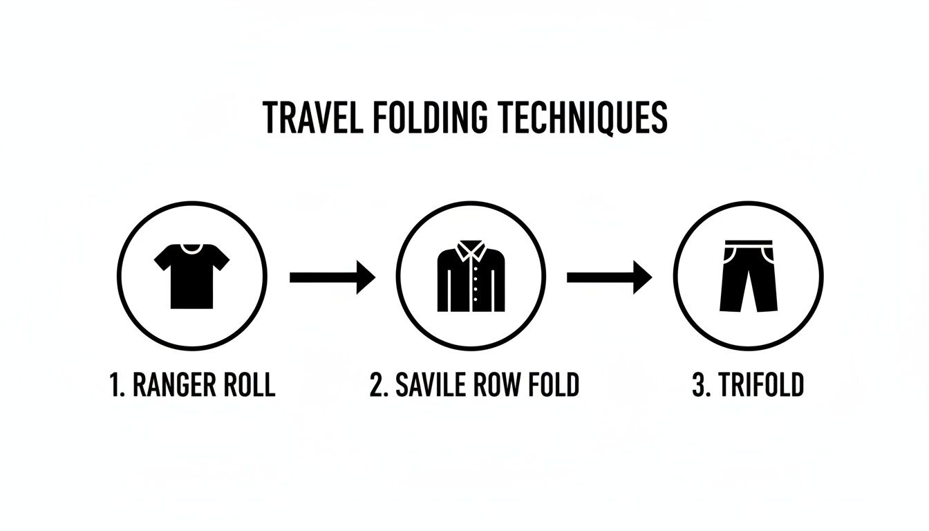 Infographic showing three travel folding techniques: Ranger Roll for t-shirts, Savile Row for shirts, and Trifold for pants.