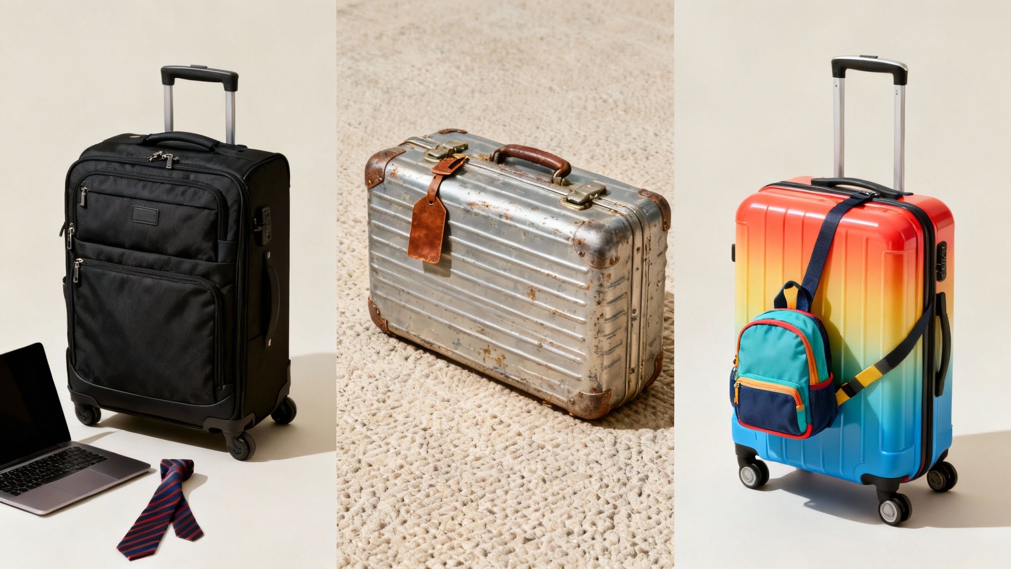 Three diverse luggage options: a black soft-shell, a vintage metal, and a vibrant rainbow suitcase.