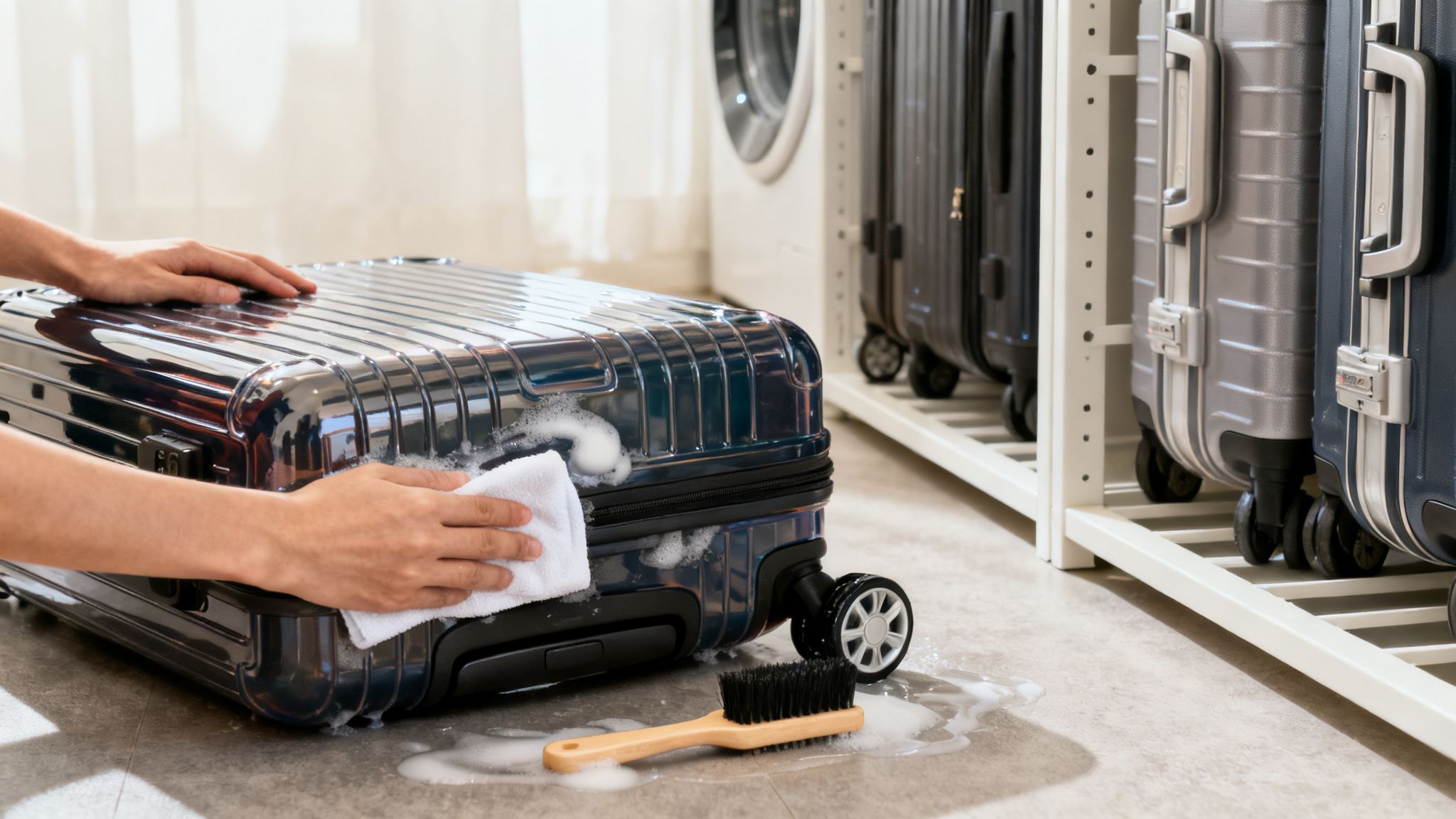 A person's hands cleaning a dark blue polycarbonate suitcase with a white cloth and soapy water.