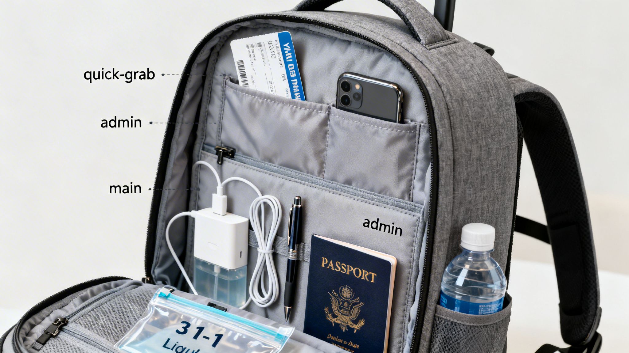 An open grey backpack showing neatly organized travel essentials like a phone, passport, ticket, and charger.