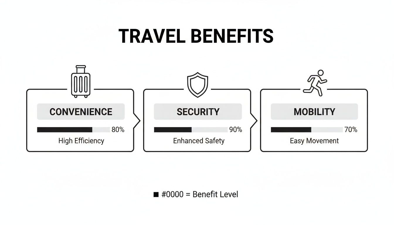 Infographic showing travel benefits: convenience (80%), security (90%), and mobility (70%) with icons.