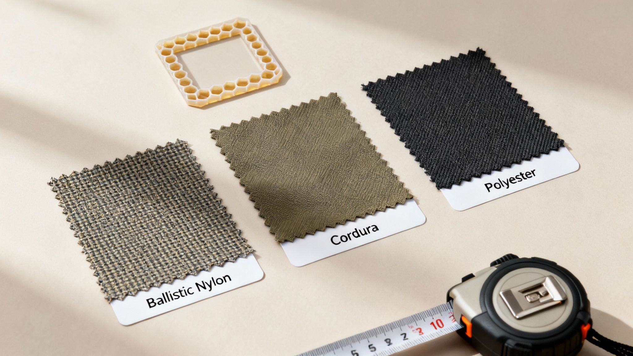 Three fabric swatches labeled Ballistic Nylon, Cordura, and Polyester, with a measuring tape.