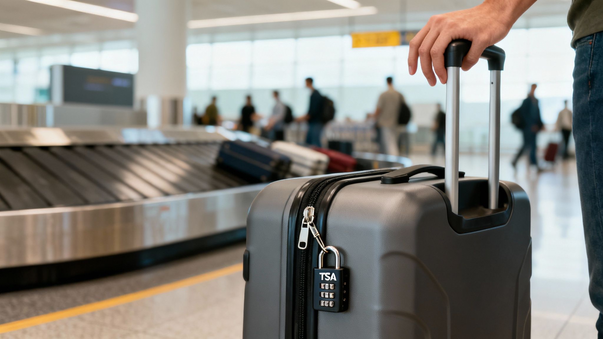 Close-up of a person holding a gray suitcase with a TSA lock at an airport baggage claim.
