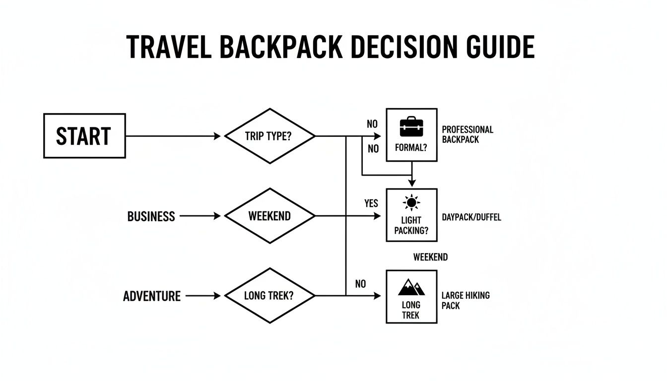 A flowchart guiding travel backpack selection based on trip type, formality, and packing needs.