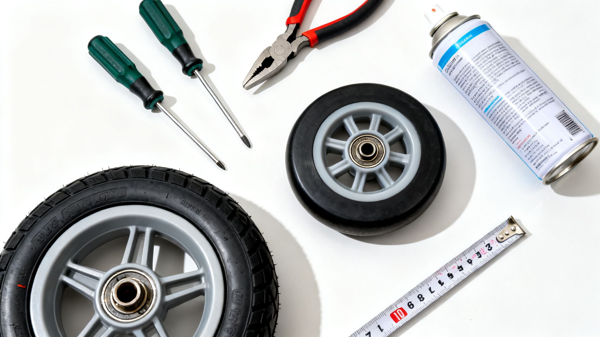 A flat lay of repair tools including screwdrivers, pliers, tape measure, wheels, and a spray can on a white background.