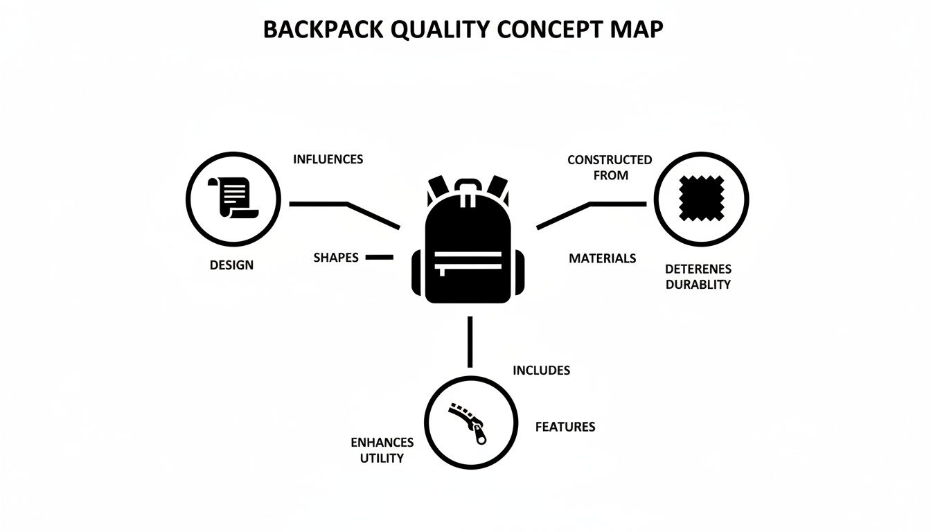 A concept map illustrating backpack quality, focusing on design, materials, and features.