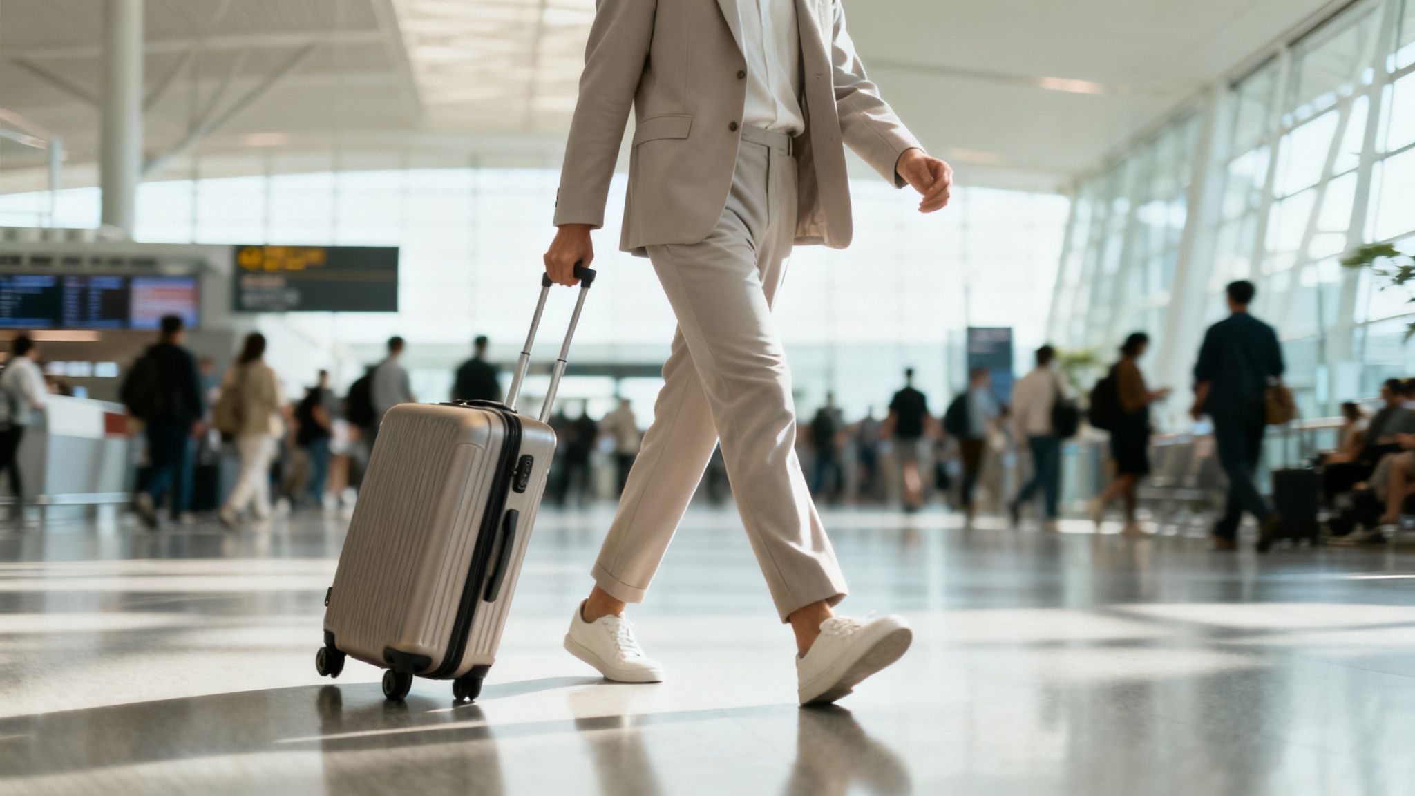 A person in a light suit and white sneakers walks through an airport, pulling a beige hardshell suitcase with spinner wheels.