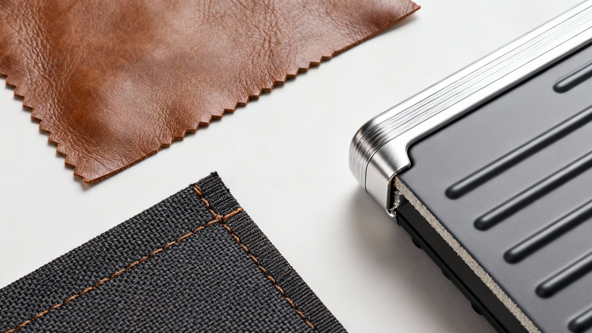 Elegant flat lay of brown leather, black woven fabric with orange stitching, and a sleek silver and grey gadget.