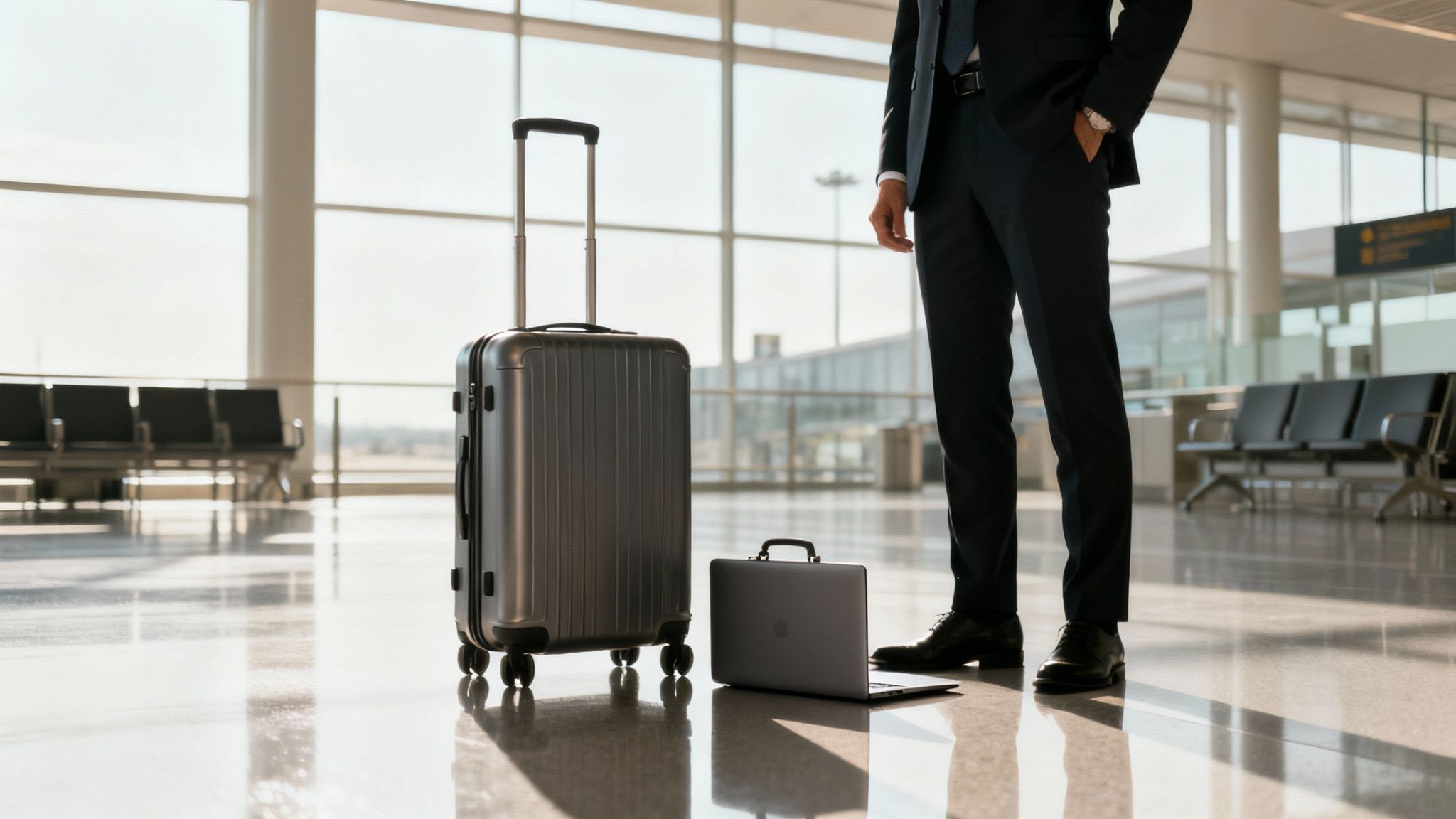 A businessman in a suit stands by a silver suitcase and laptop in a bright airport.