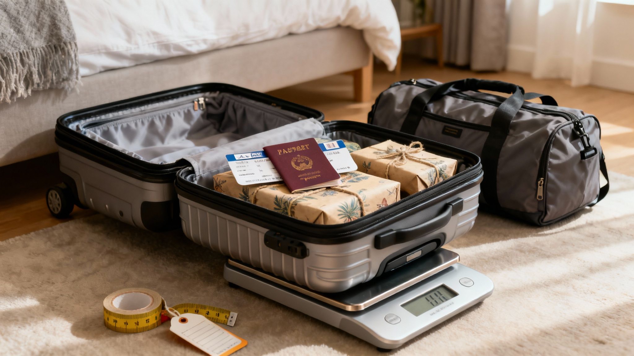 An open suitcase on a digital scale, filled with gifts, a passport, and boarding passes, beside a duffel bag.