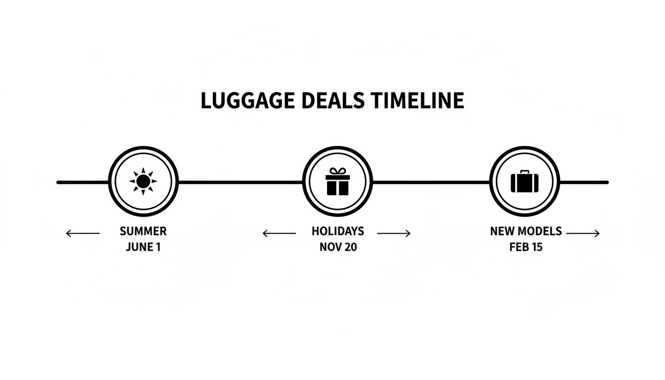A luggage deals timeline with points for Summer (June 1), Holidays (Nov 20), and New Models (Feb 15).